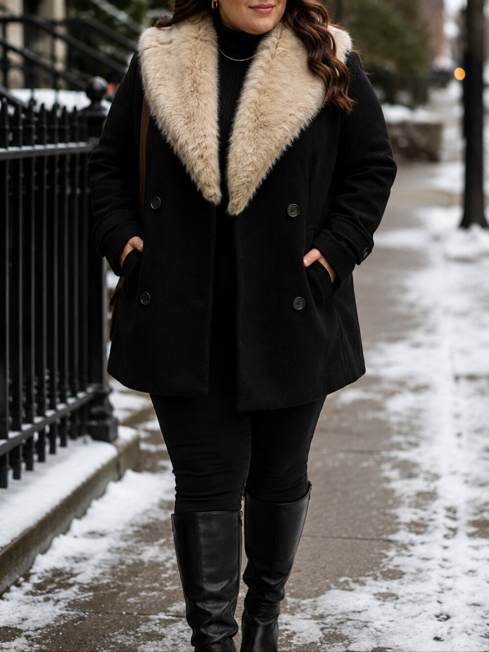 Twik Black Pea Coat Beige Faux Fur Shawl Collar Double Breasted Winter Jacket